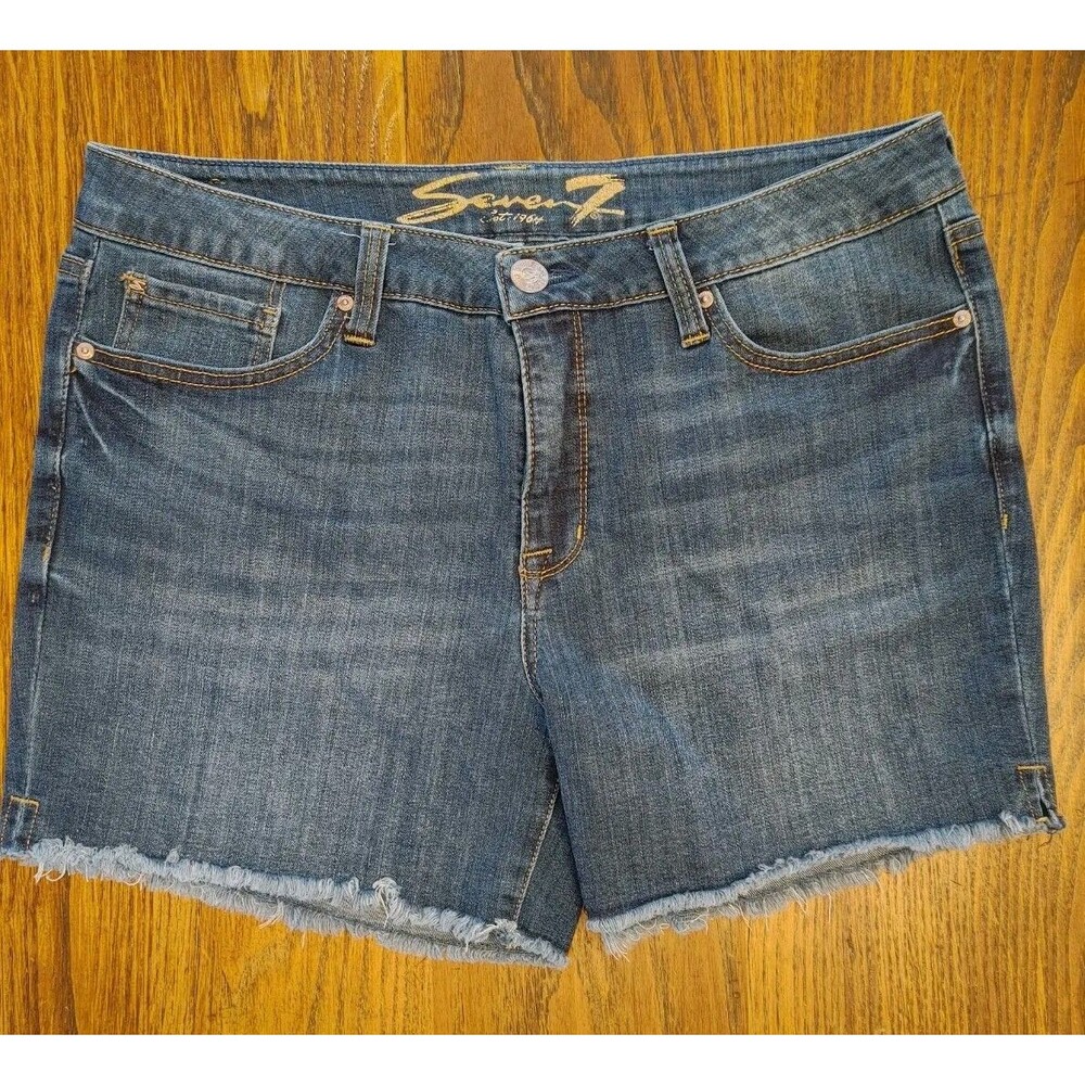 Retro Fringed Seven7 Shorts Sz 12 Womens 'Weekend Short' Mid Rise Med Wash Bl EC